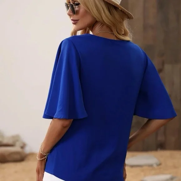 butterfly frill ruffle sleeve boho blouse top royal blue - Picture 2 of 10